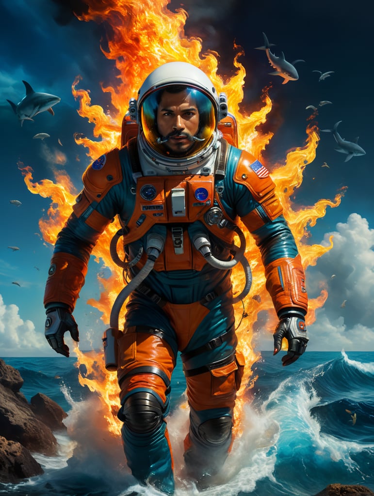 Portrait of a Latin Male Astronaut on fire, walking on the ocean, full of sharks, bright and saturated colors, elegant, highly detailed, vogue, fashion magazine, sharp focus, Bright expressive makeup, Dramatic Lighting, Depth of field, Incredibly high detailed, blurred background
