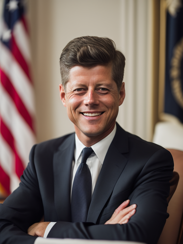 Portrait of john f kennedy in a black suit, portrait in the white house oval office, sharp focus, highly detailed, photorealistic photoreal: 1.4, lifelike,highly detailed CG unified 8K,looking at the viewer smiling, (HQ skin:1.4), 8k uhd, dslr, soft lighting, high quality, film grain, Fujifilm XT3, smiling front camera.