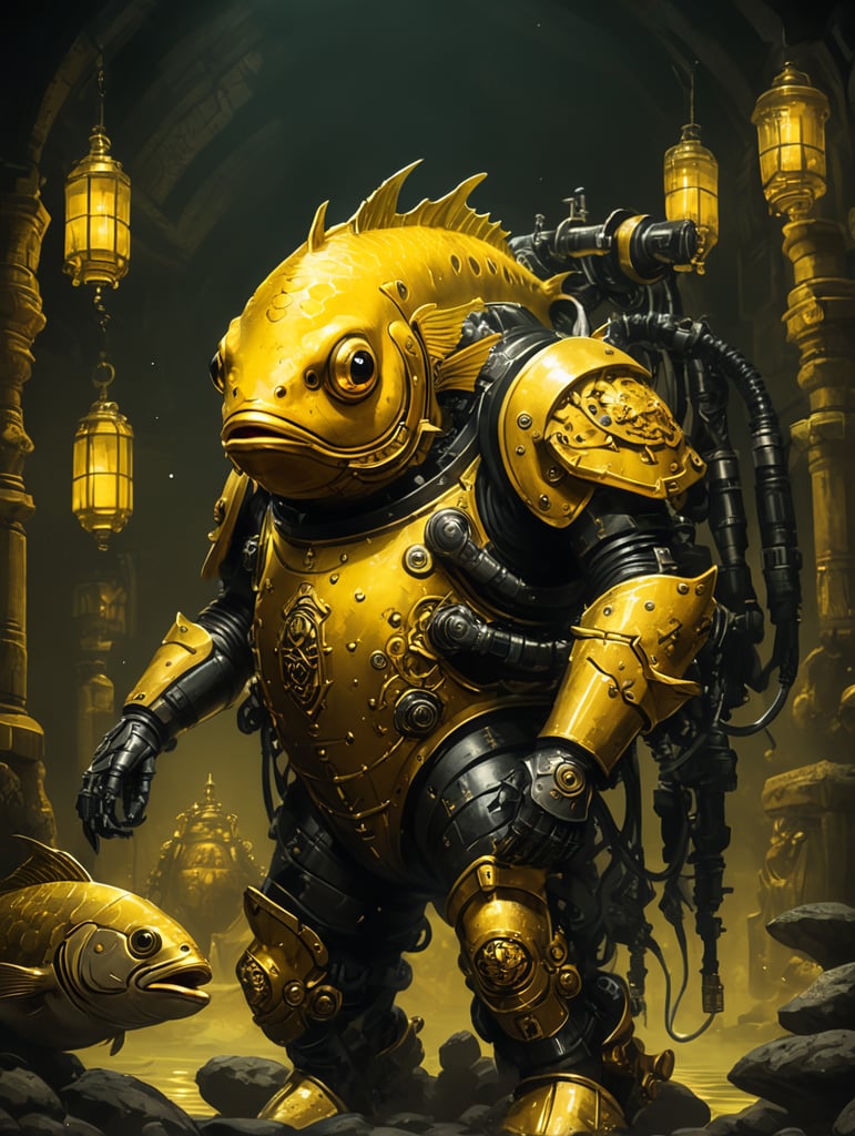 darkest dungeon art, golden fish who is in aquarim, controlling robot suit, and in fancy dress, background is yellow