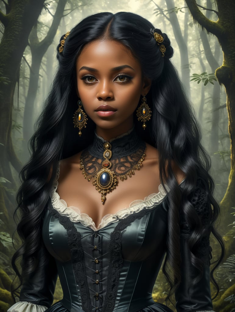 uma linda garota negra de cabelos lisos, muito compridos e pretos com um lindo penteado vestida com uma roupa do seculo 19 ela usa um camafeu e um lindo decote ela esta em uma floresta sombria e escura