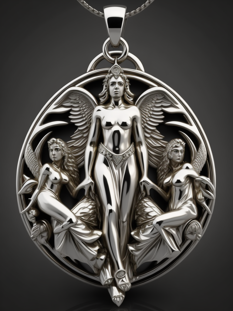 Intricately detailed 3d render of a highly stylized, sterling silver, pendant with the likeness of three angels in the design. art nuevuo, art deco, exquisitely beautiful, exotic, magical