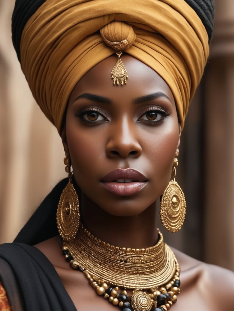 a realistic cinematic close-up of a beautiful dark skin black woman wearing a turban, african woman, african queen, stunning african princess, black art, african arts, african princess, beautiful city black woman only, a beautiful woman warrior, african iconography, black woman, beautiful color art!, african american woman, photo of a black woman, afrocentric mysticism, by Helen Thomas Dranga