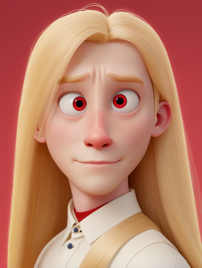 Young pale man, red eye, very long blonde straight hair