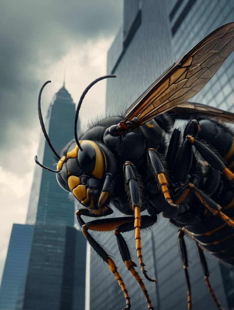 gigantic wasp climbs up on skyscraper