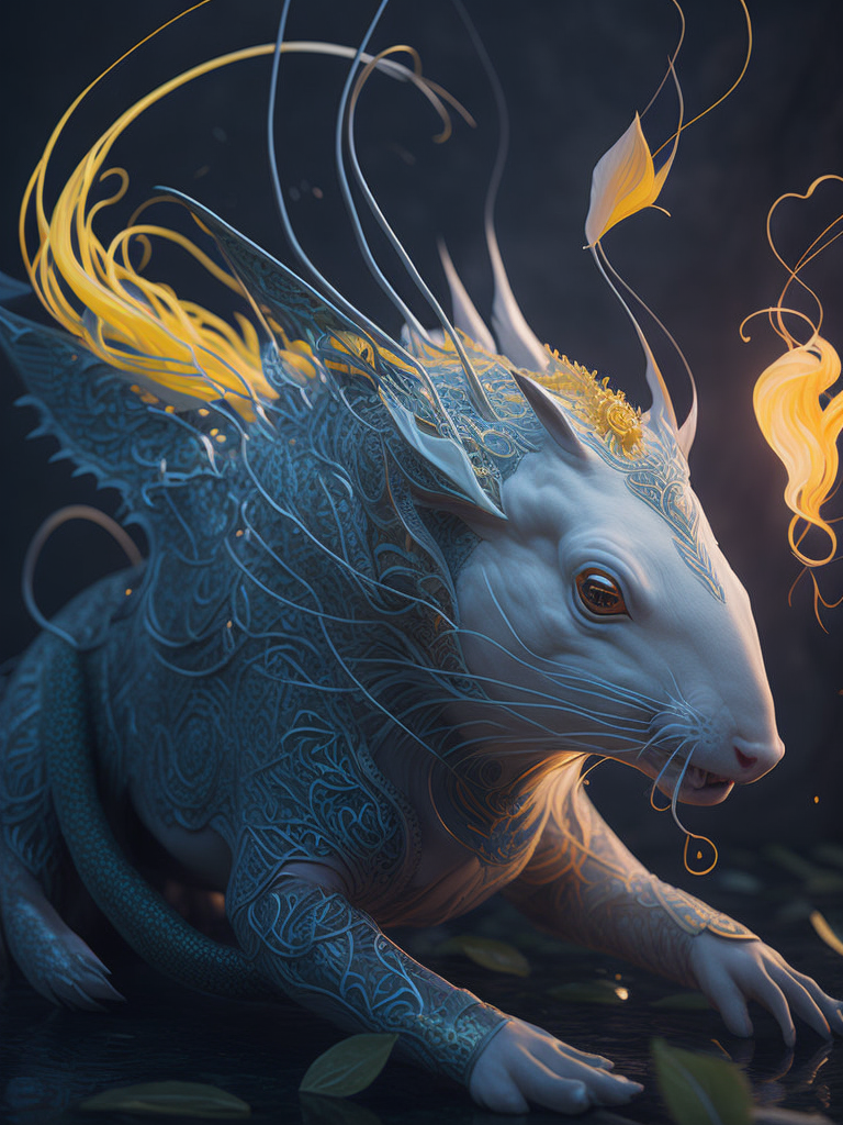 Subsurface scattering, white, koi, rabbit deity with dragon armor, art nouveau swirls, vibrant colors, octane render, by jesper ejsing, james jean, justin gerard, tomasz alen kopera, cgsociety and fenghua zhong, highly detailed, rim light, art, cinematic lighting, very coherent, hyper realism, high detail, 8 k