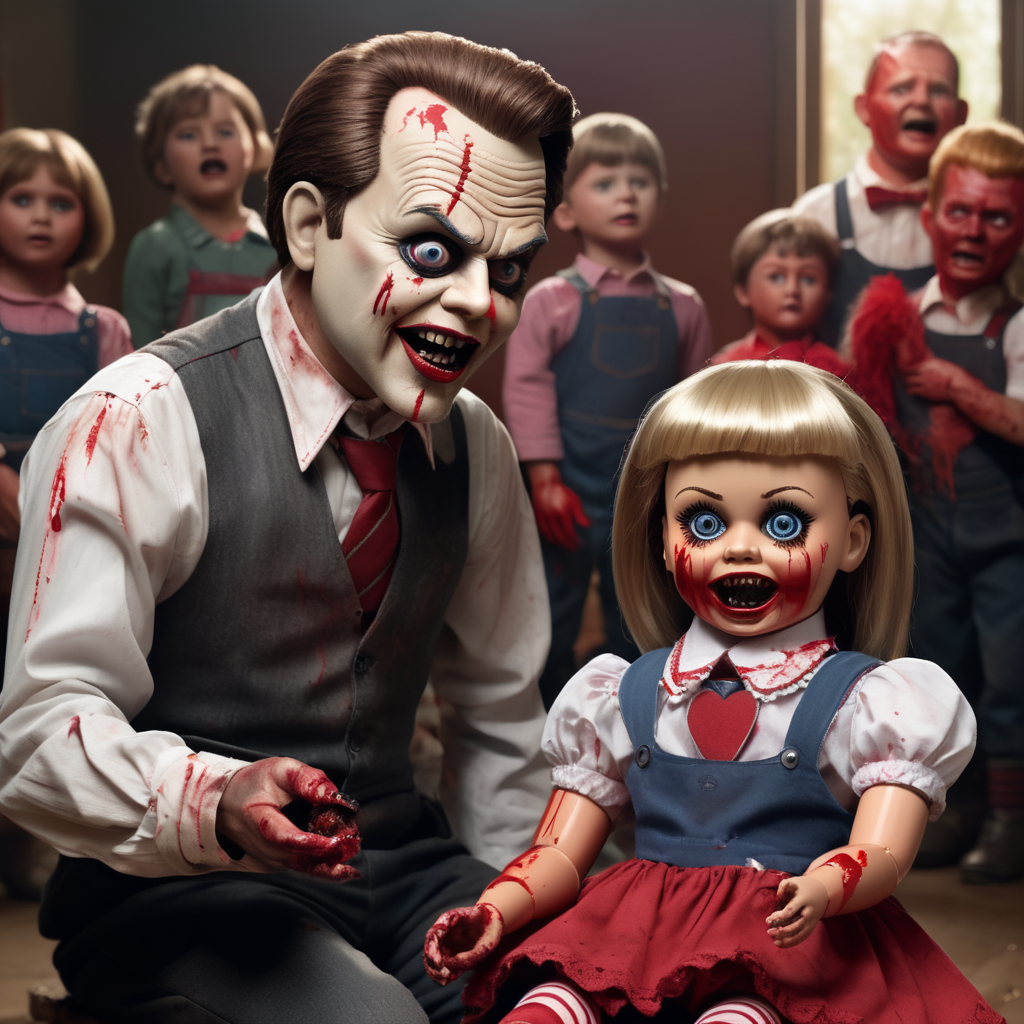 create an image of a ventriloquist and his badly made doll, the doll has become sentient and is going berserk, there is lumpy red paint everywhere, an audience of young people look on in horror, photorealistic, highly detailed