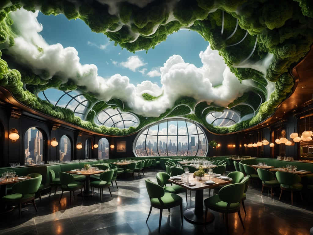 dream prompt: the craziest large viewing angle and large view lens architectural modern style hyper realistic hyper detailed neocosmic exterior architecture design of a cloud shape Fluid restaurant facade, geometric foam spectrum, green::1 white::3, Santiago Calatrava and Aaron Horkey architecture art styles, in new york city, soft ambient, night light, cinematic photo, natural lighting, camera nikon, 8k, --s1000 --style raw, you can imagine