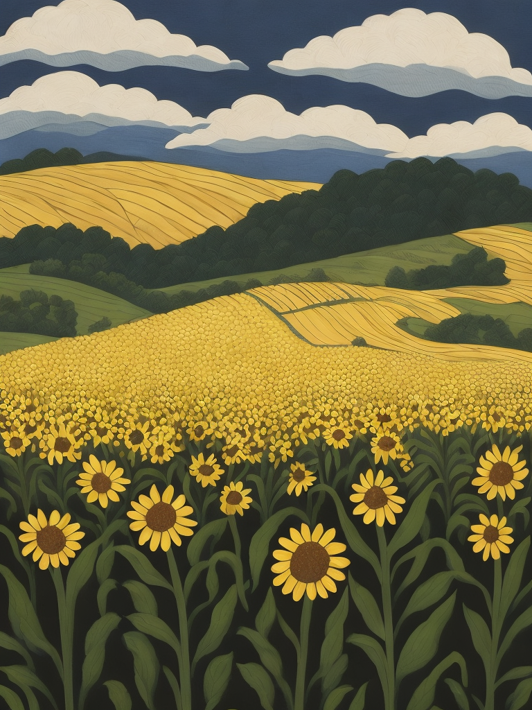 beautiful country scene with rolling hills and rows of corn, sunflowers and wheat please done in folk art style