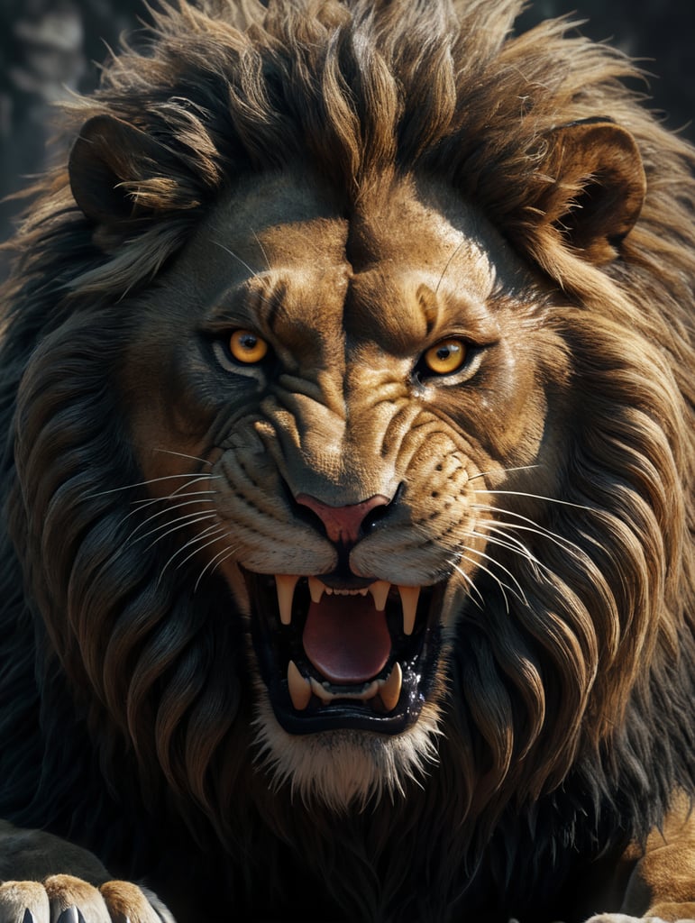 Create a angry lion real with eyes, and black hairs looking in front of the camera and roaring in 3d