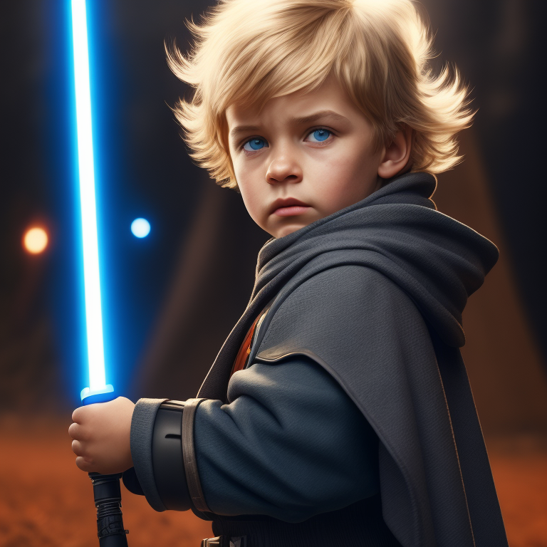 a 6 year old boy adventurer similar to Jedi from starwars, starwars universe, creative, and kind-hearted person with short blonde hair, big blue eyes, small nose, fighting against Darth Vader with Light Saber, rendered using beautiful Disney animation, Pixar style, Disney style, 3D style