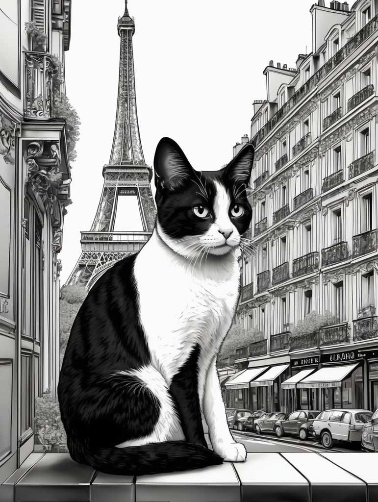 a cat in Paris black and white, illustration, monochrome for coloring book, in the style of simple line art vector comic art on white background