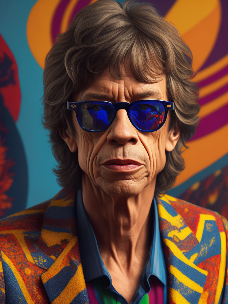 Mick Jagger wearing a brightly patterned jacket and wayfarer glasses, Vivid saturated colors, Contrast color