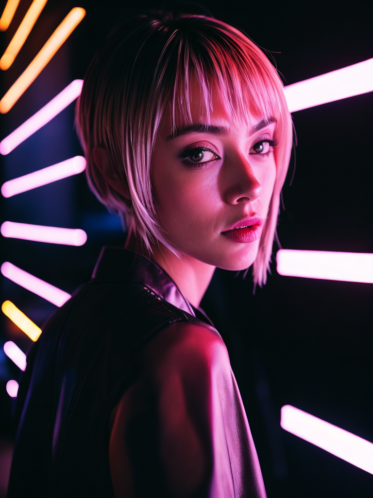 A women with a short black hair, stands near neon light illumination ad, looks on camera, cinematic shot