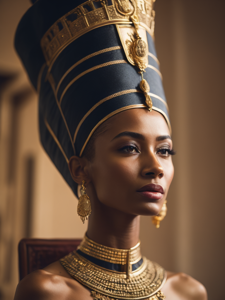 A mesmerizing scene capturing Queen Nefertiti of Egypt in her elegant regal attire, exuding beauty and grace as she stands as a symbol of power and femininity, mesmerizing, regal, elegant, influential, graceful, DSLR, wide-angle lens, midday, majestic and composed, digital