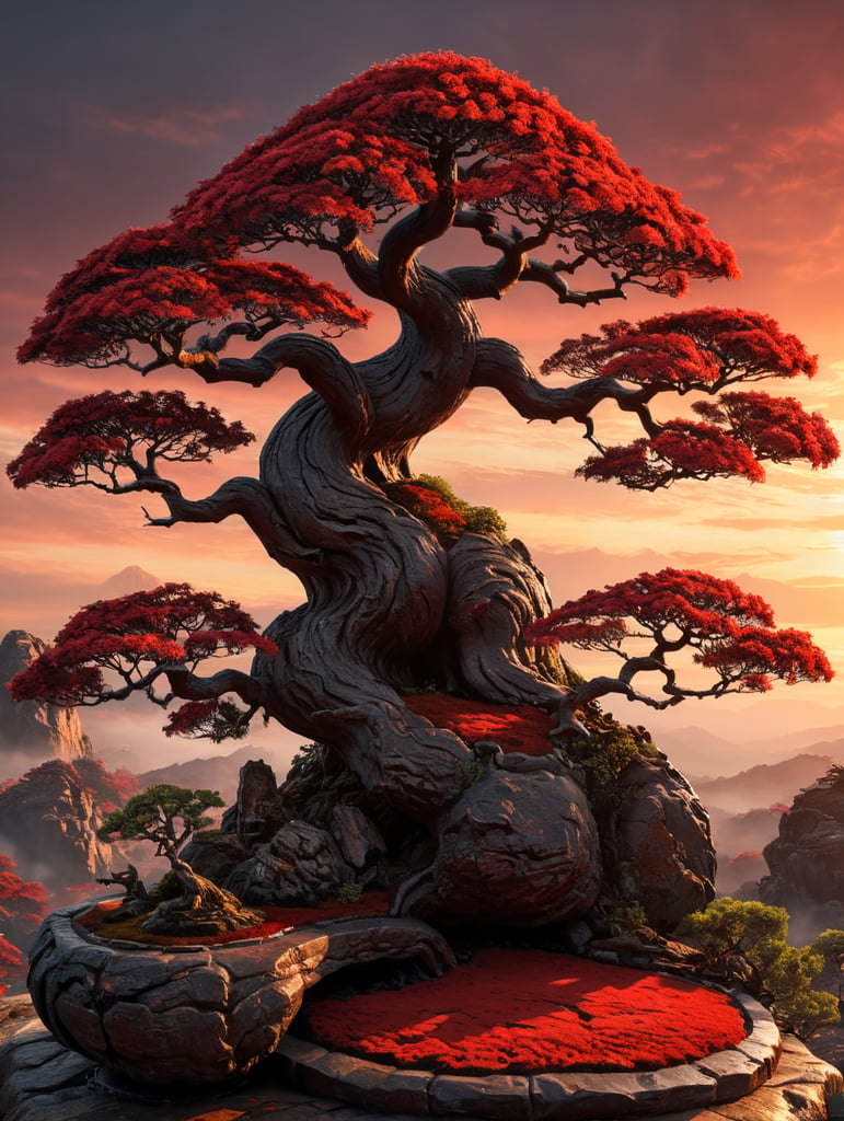 A bonsai tree in sunset light, only red and black color used, ink art