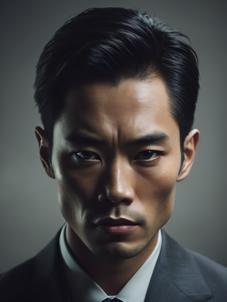 Portrait of a Chinese mafia boss in formal suit, scar on a face