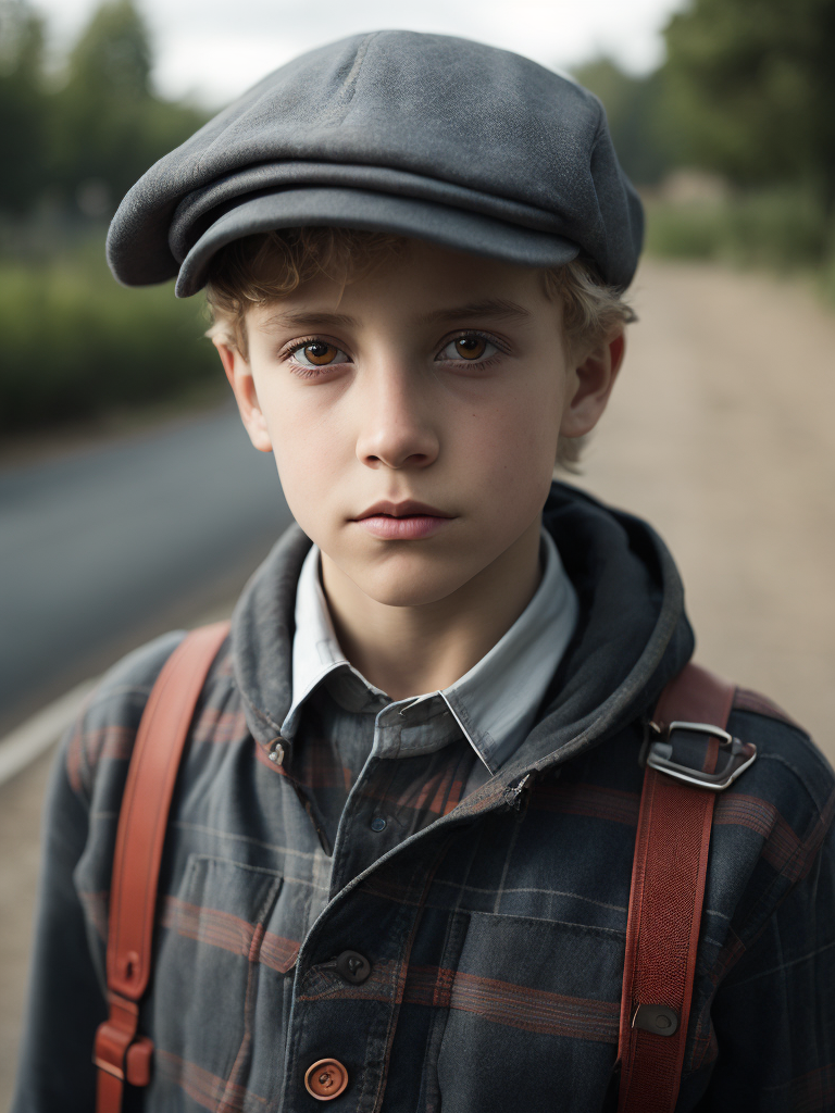 Young boy wearing a newsboys flat cap, curly blonde hair, deep amber eyes, overalls, red and white plaid button up shirt, hyper realistic, photorealism,