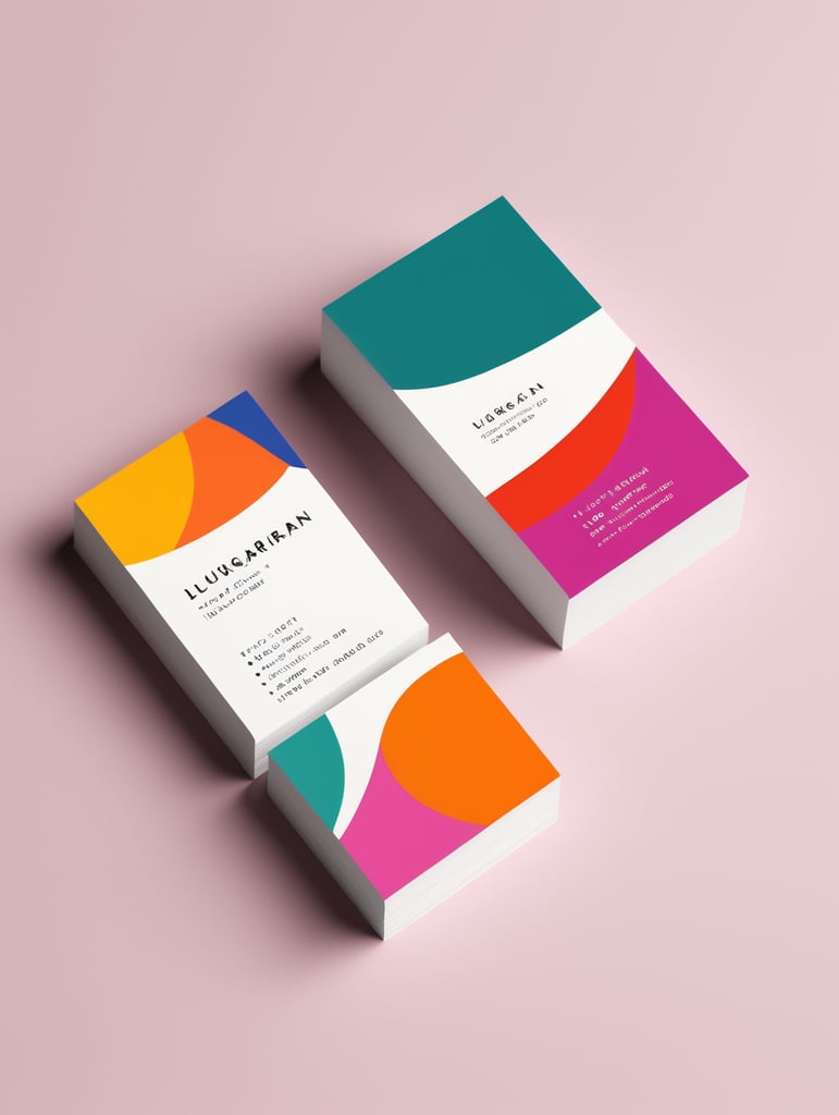 Minimalist matte white business cards on a vibrantly colored design inspired by Luis Barragan, mockup