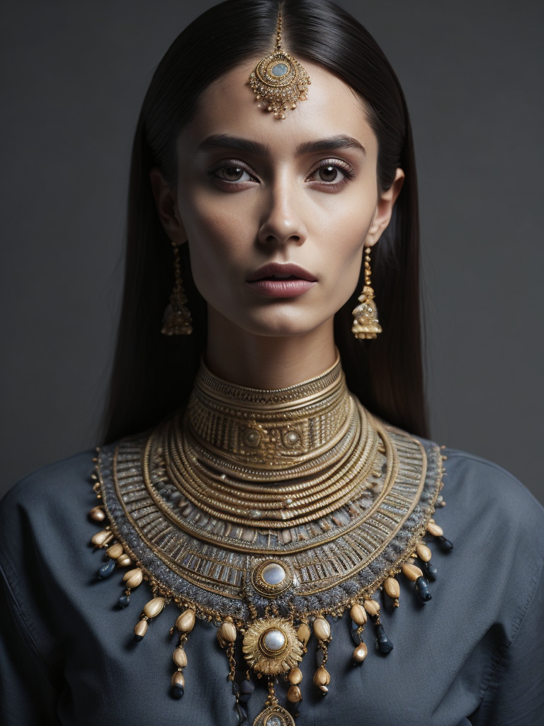 Gold jewelry, gold necklace, full view, india style, center, no neck, no pendant, bright color, white background, realistic, high resolution, highly details