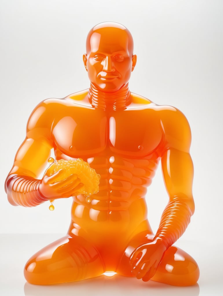 Portrait of a Translucent orange man made from the orange fruit jelly with pice of fruit, organs are visible through the jelly