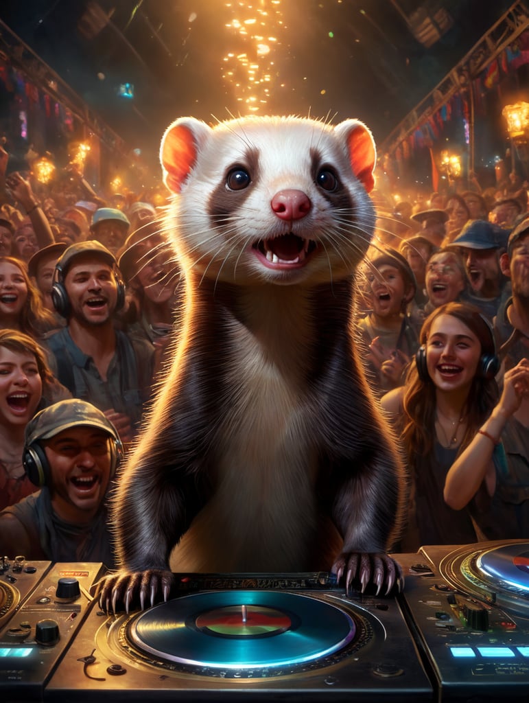 Beschrijf een levendige scène waarin een fret, omringd door een opgewonden menigte op een festival, achter de draaitafels staat en muziek draait. Het publiek gaat helemaal op in de beats, de lichten flitsen en de energie is voelbaar. Beschrijf de expressie op het gezicht van de fret, de sfeer van het festival en de muziek die de lucht vult.