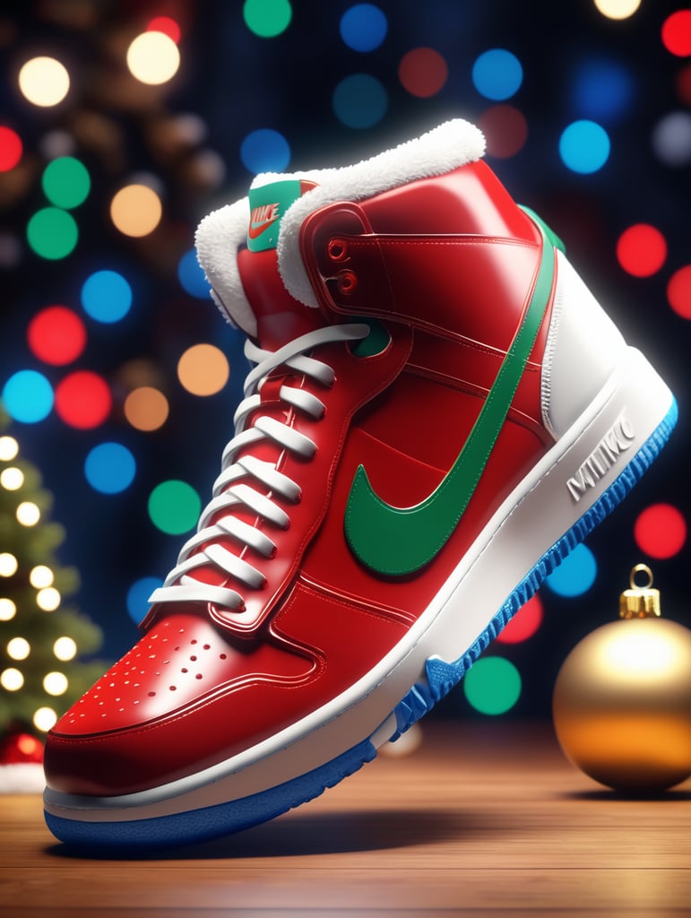 3D Sneakers, By Nike, designed for Santa Claus, advanced color blue, high detail, studio lighting, christmas background, 8k UHD, C4D, blender, OC rendering.
