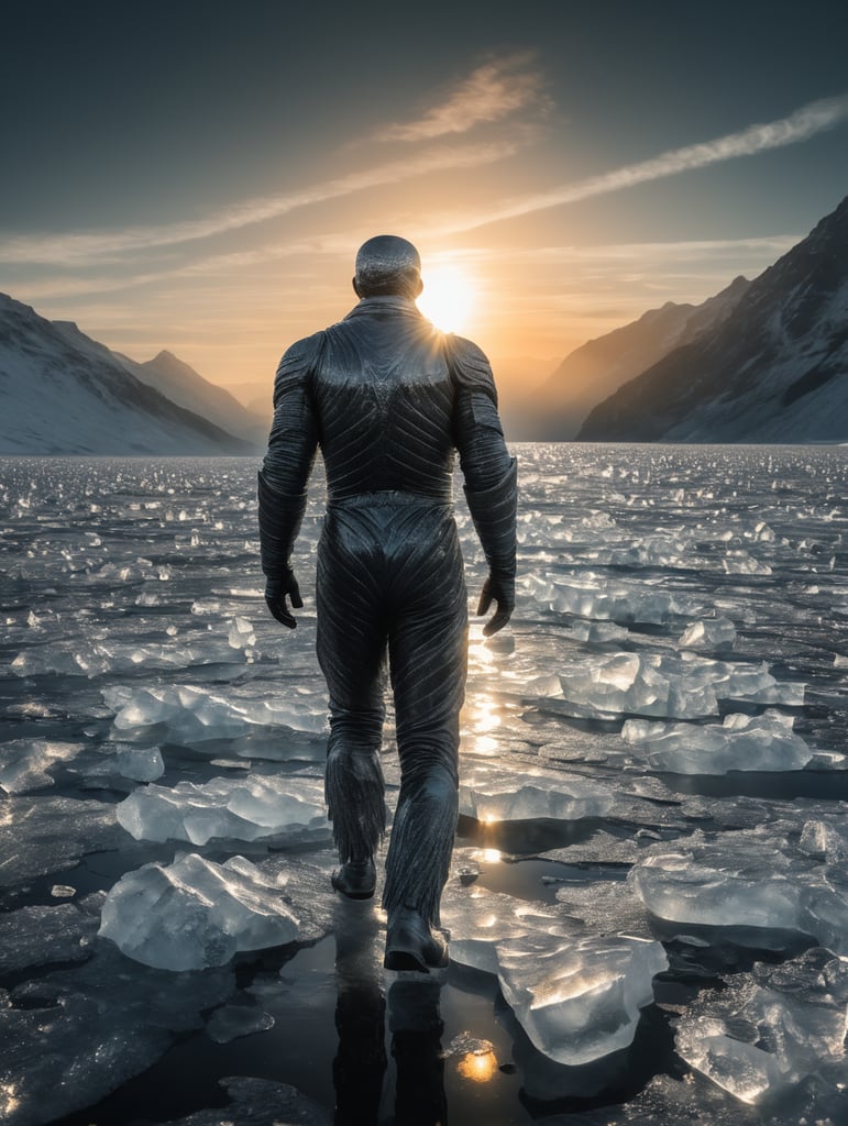 Homem de gelo translúcido caminhando na superfície do sol