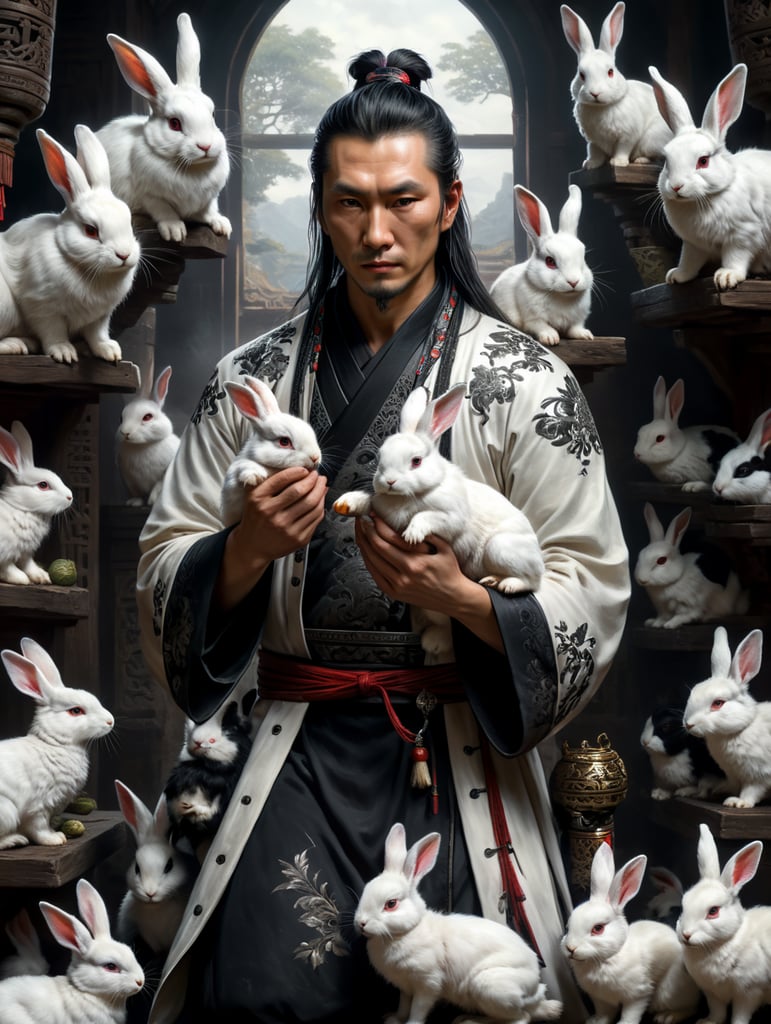 Wei Wuxian segurando coelhos brancos e pretos