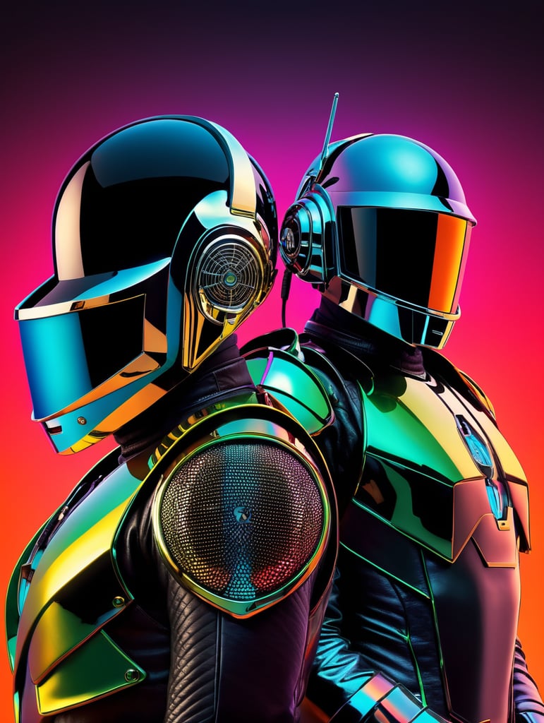 Portrait of daft punk, ultra realism, super detailed, neon colors, magazine cover, professional shot, magazine photography, bright saturated colors, sharp focus, highly detailed