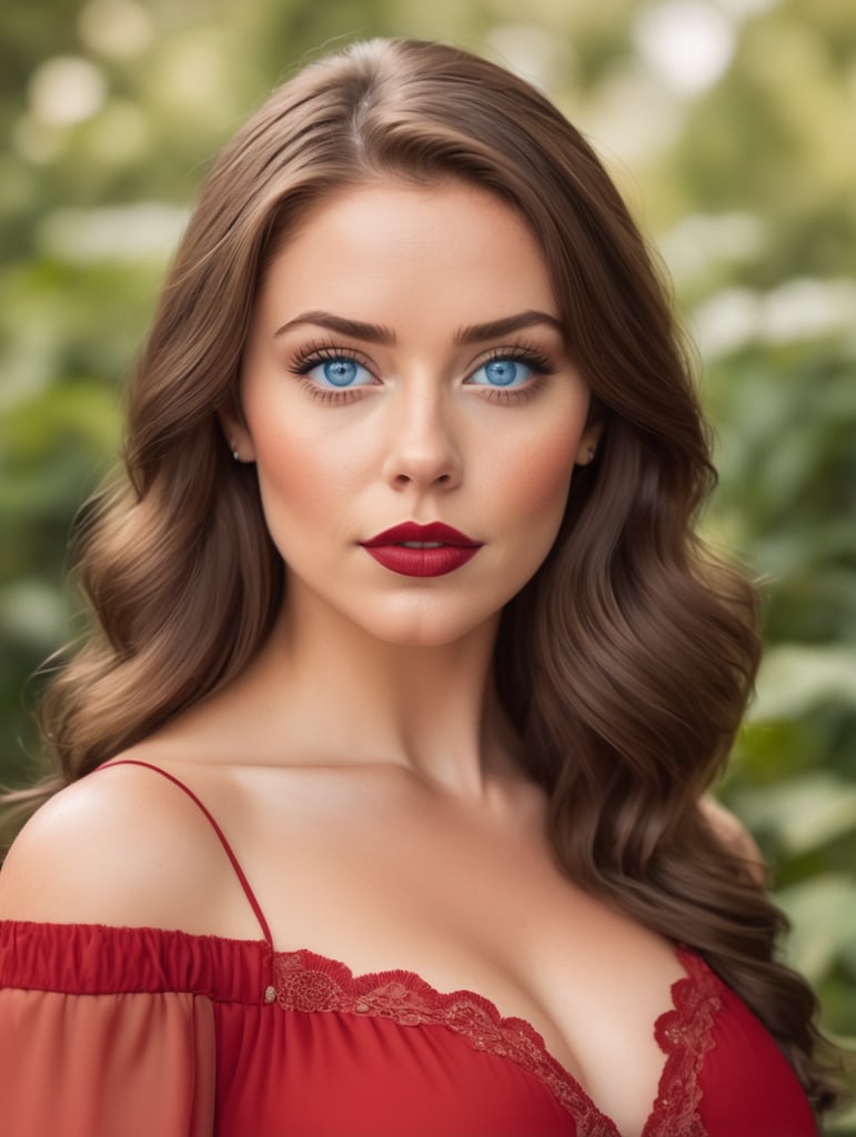 Русые волосы и голубые глаза с большим губами с большой грудью одета в красное платье
