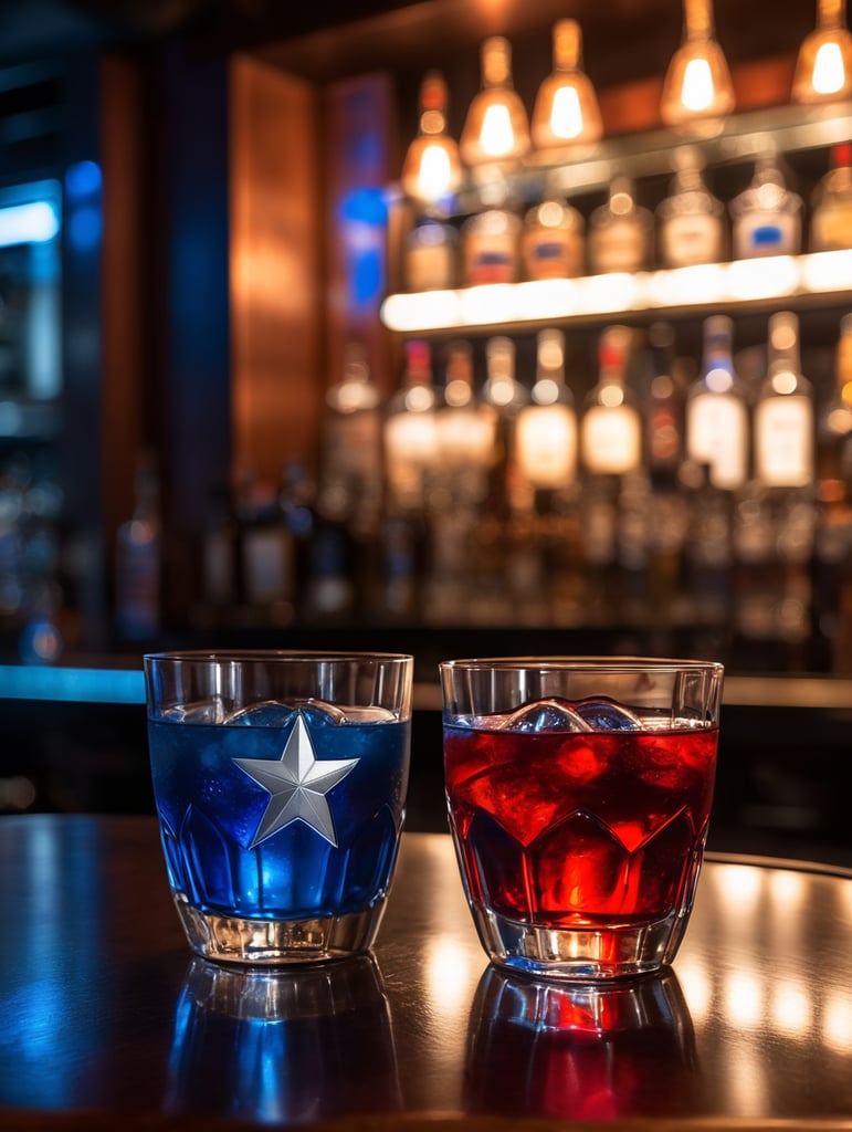 red and blue like captain america Drink Snifter Glass in a darkness bar, cinematic lighting, product shot, 4:3, 4k