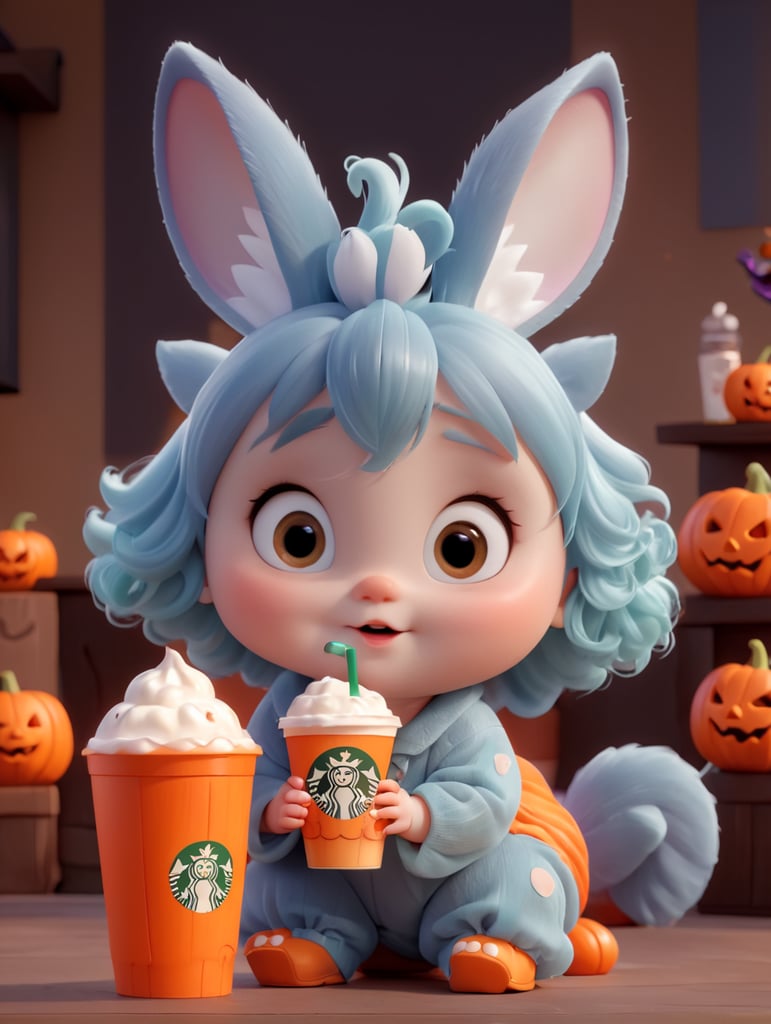 baby rabit in halloween costume while drinking starbucks ice cofee