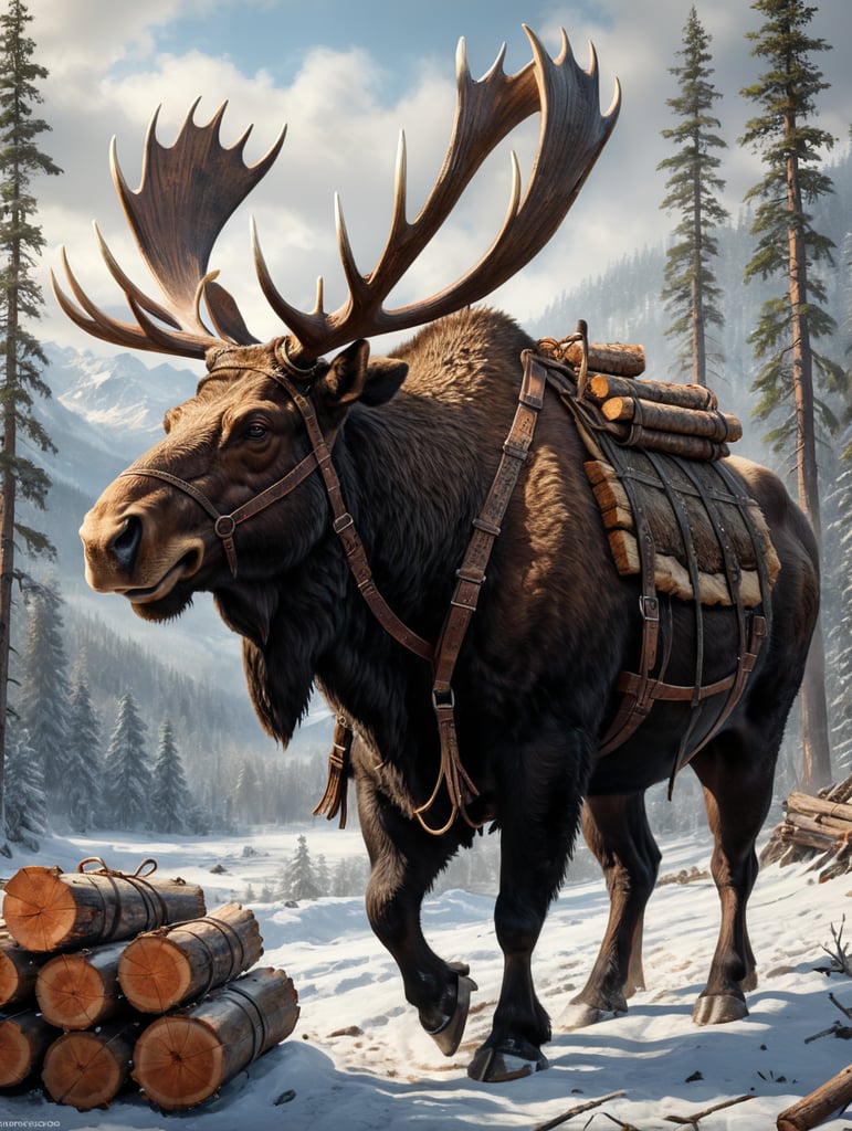 A large bull moose harnessed with leather straps hauling logs, profile view, simplified