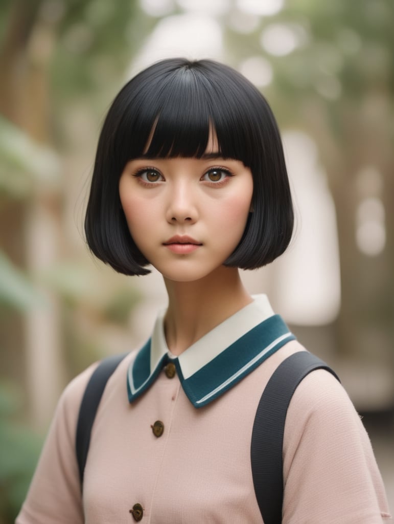 Japanese adolescent female, short black hair with bangs, dark brown eyes, Wes Anderson style