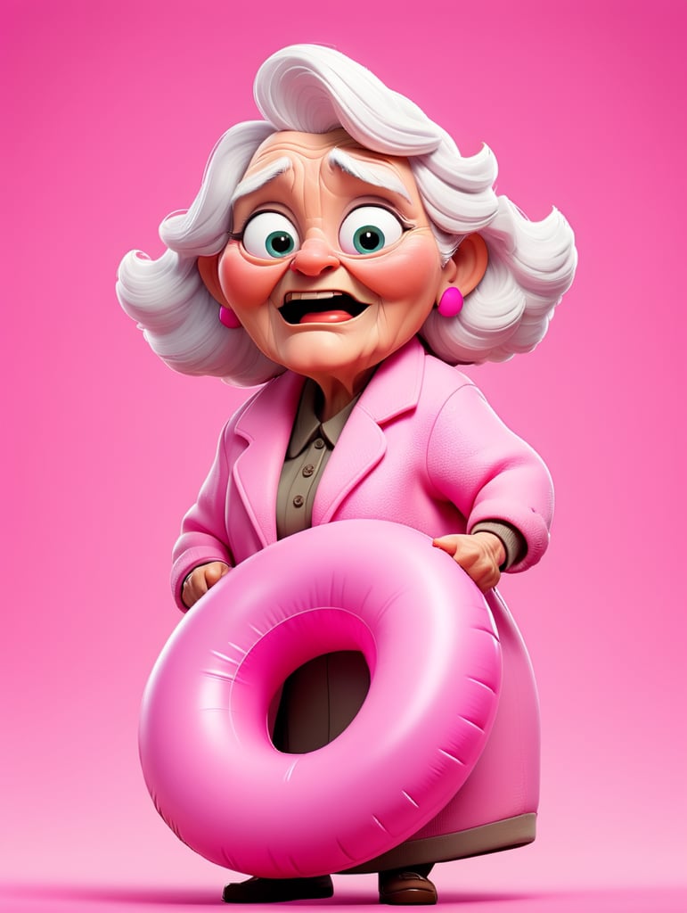 Pretty old women wearing a pink with a pink inflatable ring, isolated on a pink background