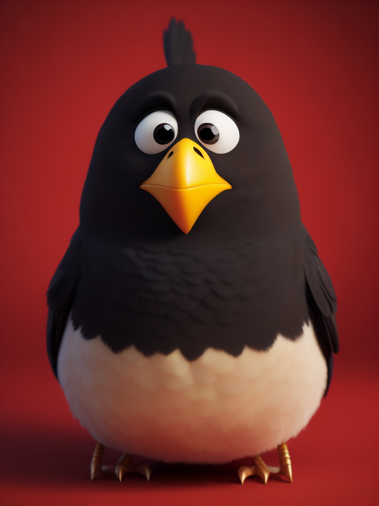 angry birds, black round bird on red background, standing centered in 3D style, rendered using beautiful Disney animation, Pixar style, Disney style, 3D style
