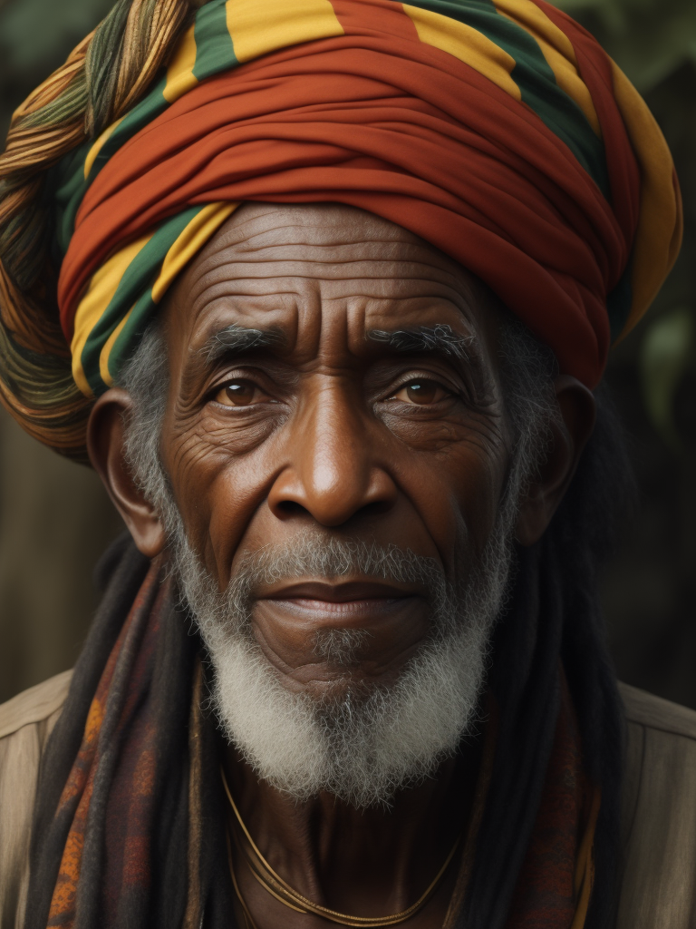 Jamaica's Old Man, portrait, realistic image, lots of details, wearing turban