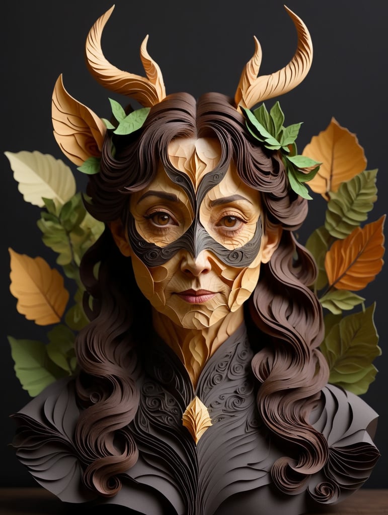 Ultrafine portrait of an old female faun, with a skin made of wood, looking at the camera, front view, with short and curve horns on her head, leaves on its hair, god of nature, sharp details,inspired by poison ivy from Batman,