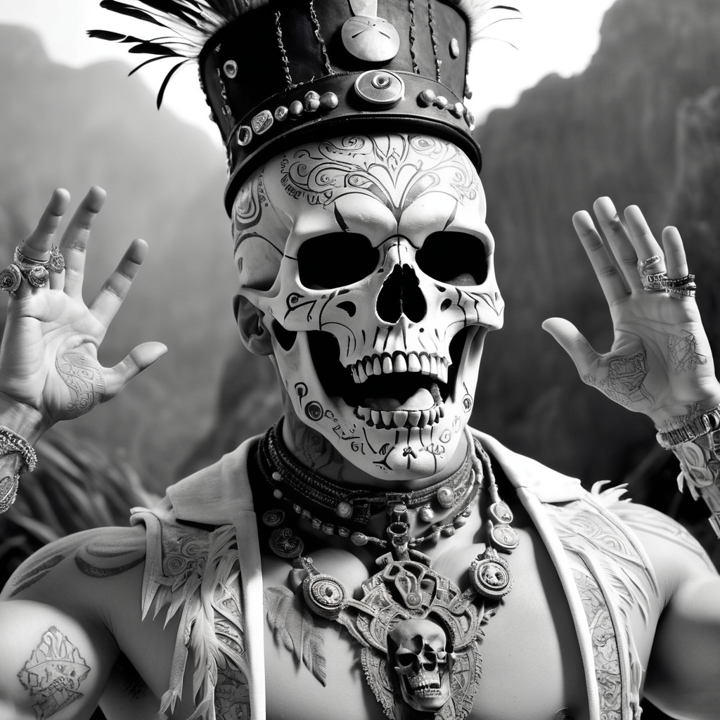 a screaming voodoo priest, eyes wide open, crazy expression on the face, the face is made up like a skull, makeup is made of chalk and partly smeared, black and worn top hat with a brim made of chicken feathers and small skulls, black and worn leather vest, his neck and chest and arms are completely tattooed with voodoo symbols, a glass of rum in the left hand, the right fist stretched towards the sky, full body, midnight, tropical jungle scene in the background, depth of field, taken with an 85mm lens, extremely detailed photo