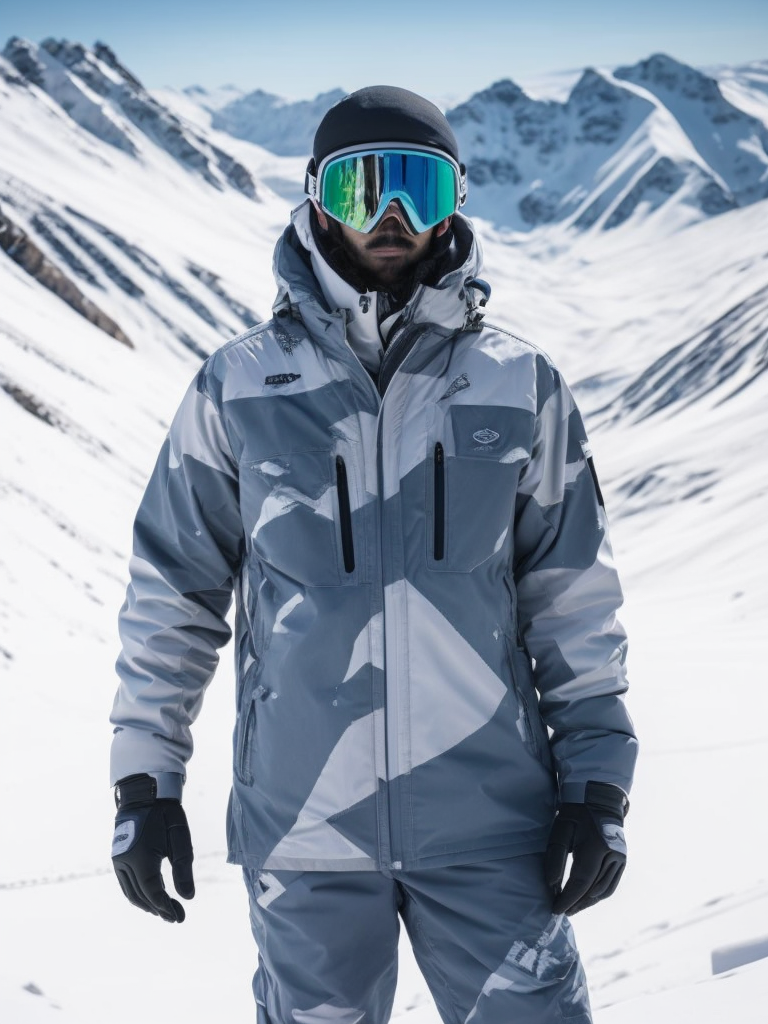 A man in a snowboard suit with snowboard goggles, against the backdrop of snow-capped mountains, high quality details