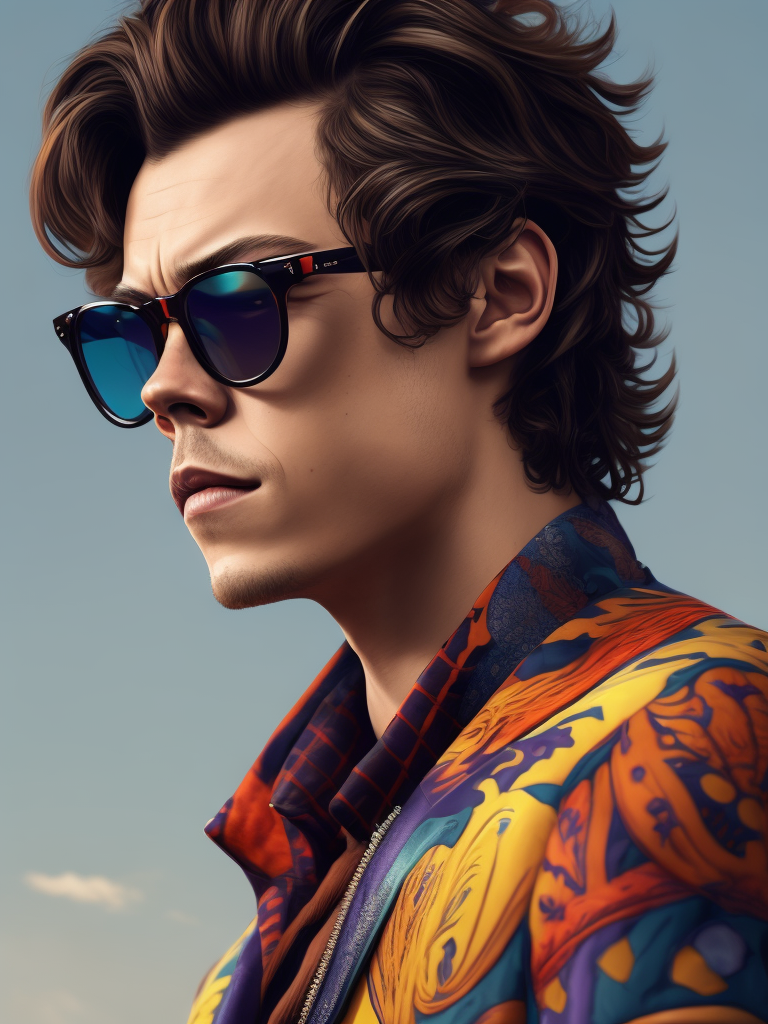 Harry Styles wearing a brightly patterned jacket and wayfarer glasses, Vivid saturated colors, Contrast color