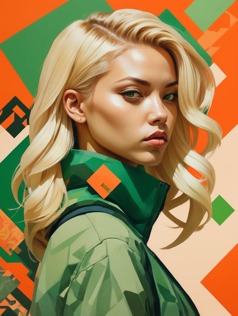 Abstract 1998 european blond hiphop girl by sachin teng x supreme, attractive, stylish, designer, green, asymmetrical, geometric shapes, graffiti, street art