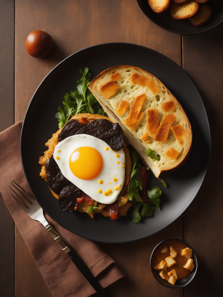 a product photo of fried eggs and bacon and hash browns and black pudding and mushrooms and toast, photorealistic, highly detailed, restaurant background, studio lighting, Canon 5D Mark iii, Canon 85mm prime lens