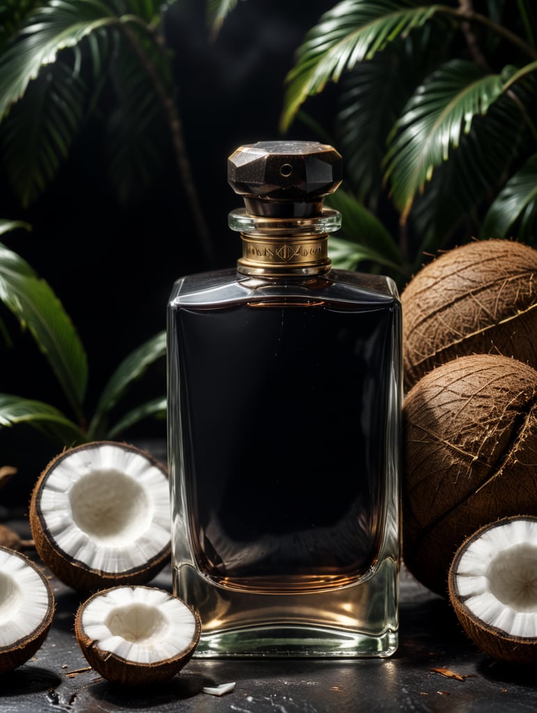 professional photography of a luxury perfume, square bottle, surrounding a coconut, no label, clear, mockup