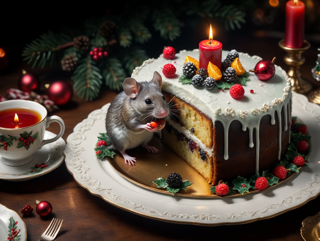 Mouse sitting on a christmas cake with icing the mouse is eating a berry, there is a burning candle and tea in an antique cup the cake is placed on an antique christmas plate in the background is a christmas tree out of focus