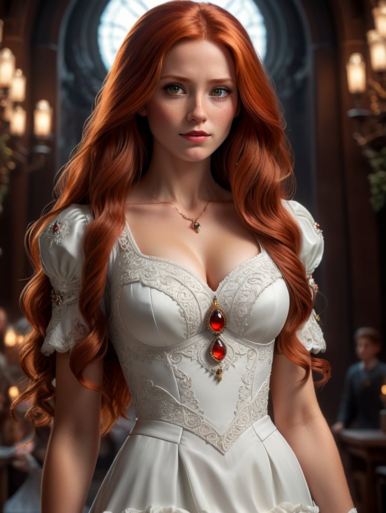 Straight long red haired woman cartoon with brown eyes and white dress with Disney face features