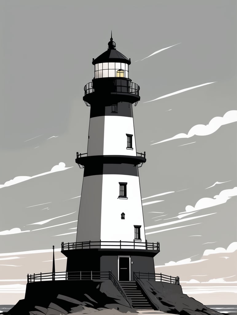 A lighthouse, black and white, comic-style