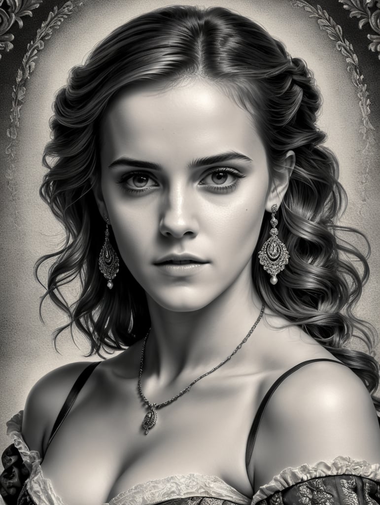 emma watson portrait as art engraving hendrick goltzius classic woman beauty vintage historical fine art black and white