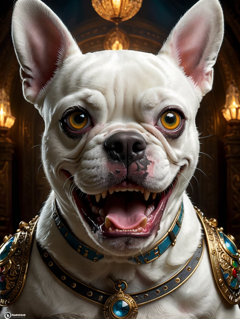 A Disney Pixar-inspired movie poster with title "Theodora". In the image a white french bulldog with a black rigth eye and nose, with black eyes and a smiling face. The scene should be in the distinct digital art style of Pixar, with a focus on character expressions, vibrant colors, and detailed textures that are characteristic of th animations, with the title "Argos"