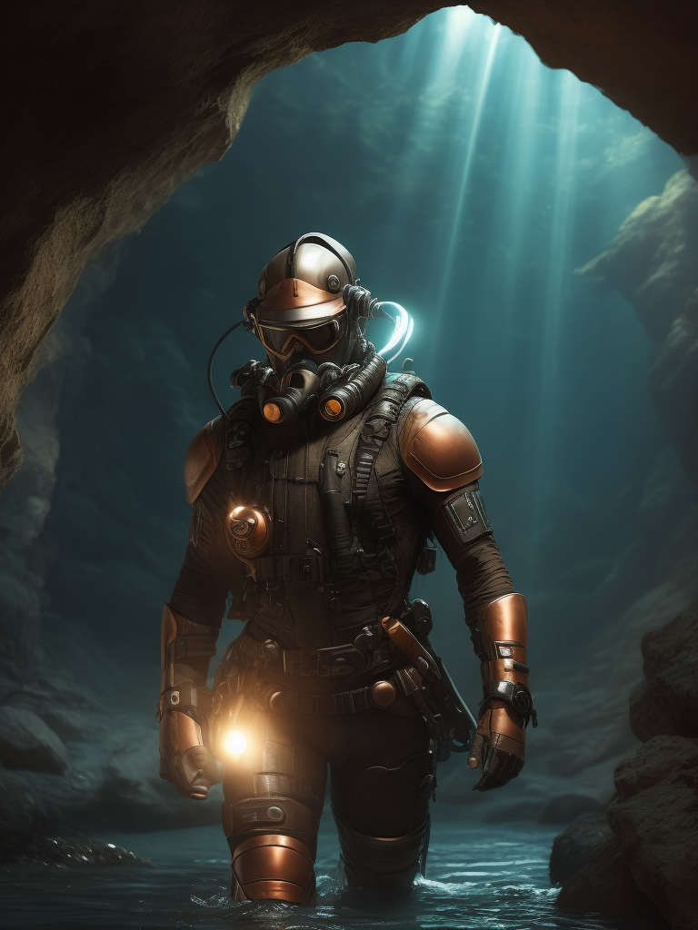 Man in a very old robotic scuba suit year 1890 entering in the water of an underground cave river, Metallic accents, copper, copper patina, Dramatic Lighting, Depth of field, Incredibly high detailed